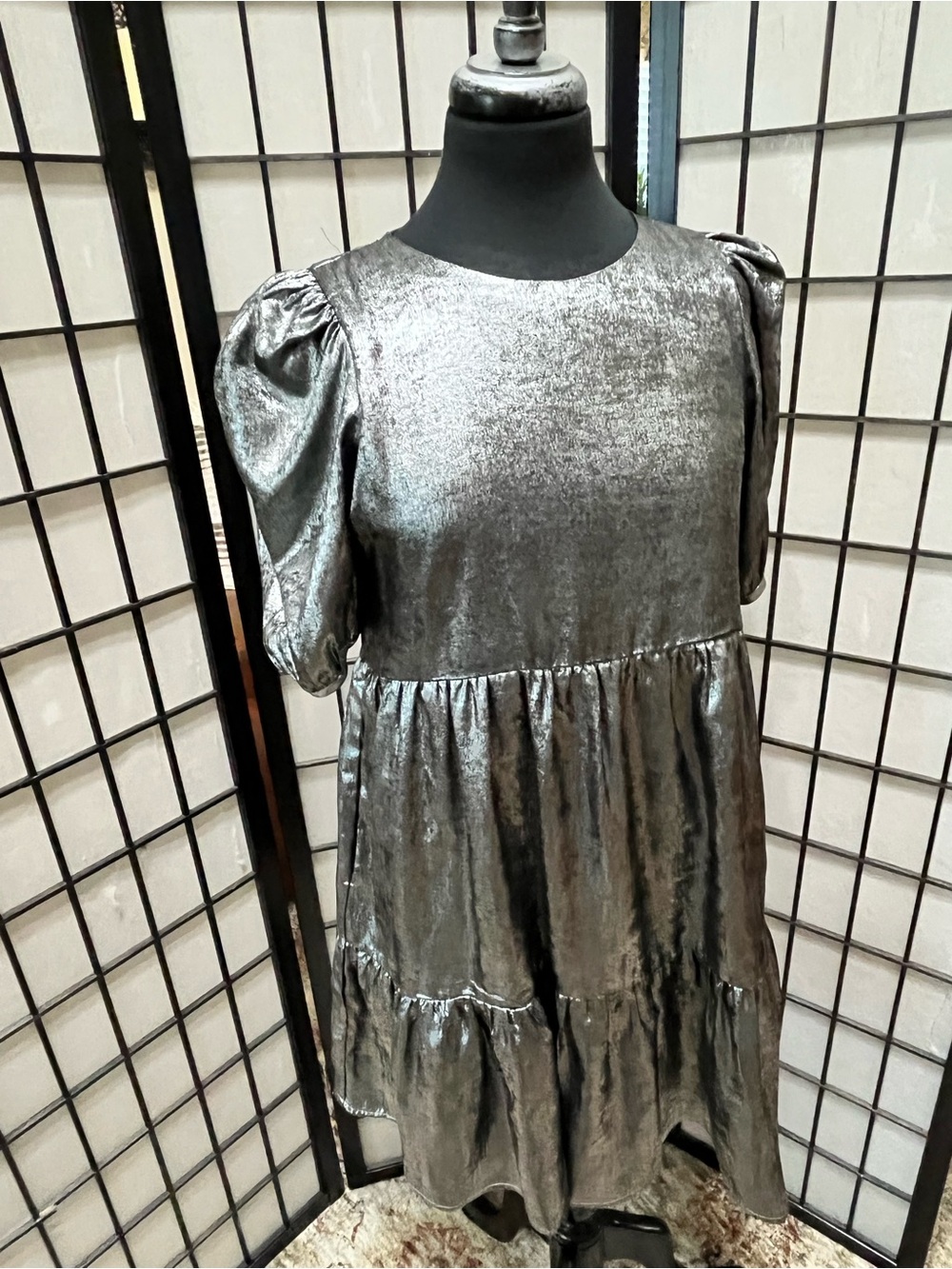 TCEC Metallic Silver Puff-Sleeve Tiered Dress women SIZE M - Picture 10 of 13